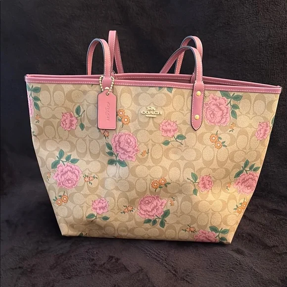Coach | Bags | Coach Pink And Tan Floral Tote Bag With